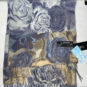 V. Fraas Cashmink Soft and Fuzzy Acrylic Blue Tan Rose Motif Scarf Fringed